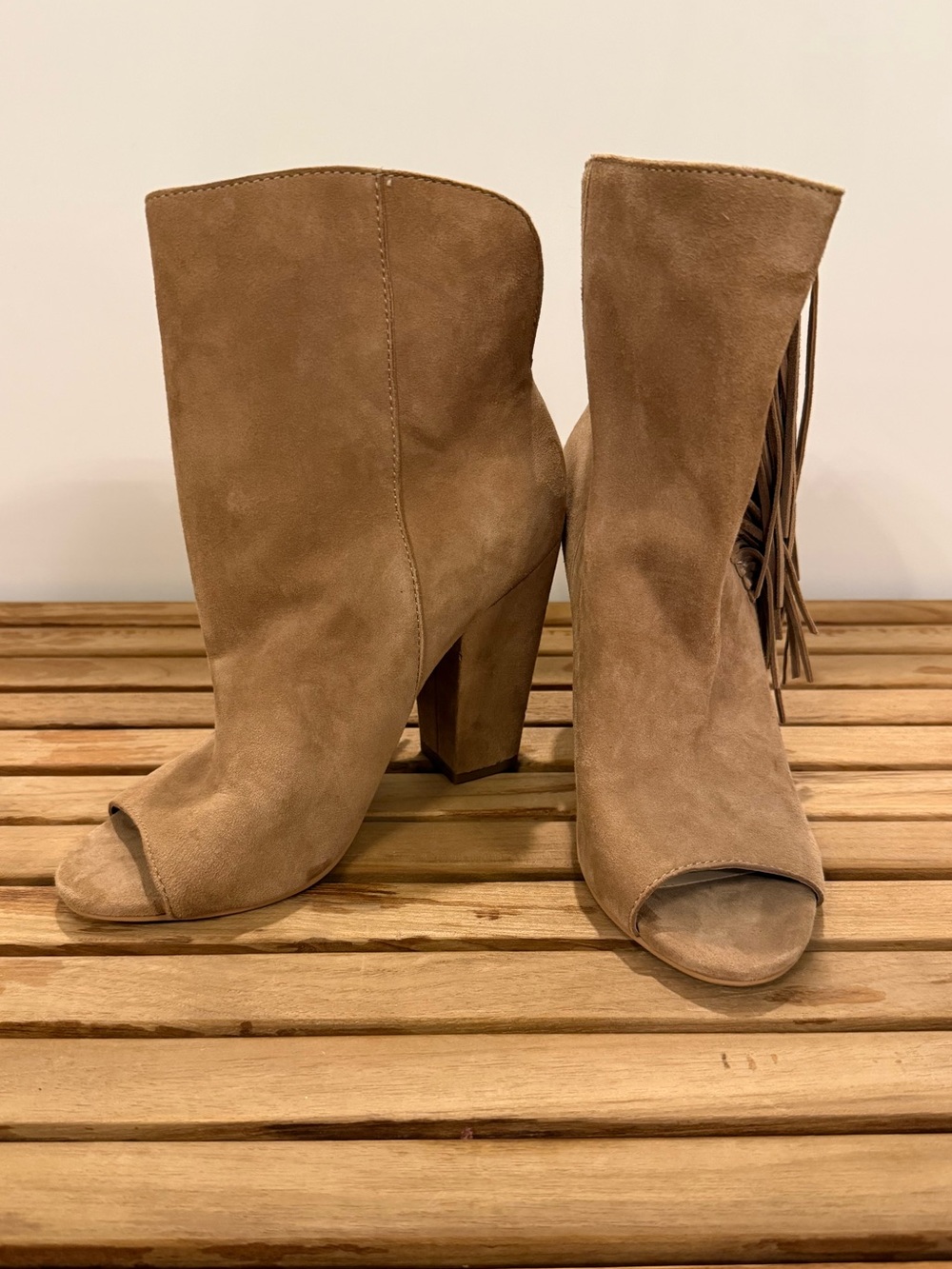 Dolce Vita Taupe Suede Open-Toe Fringe Ankle Booties